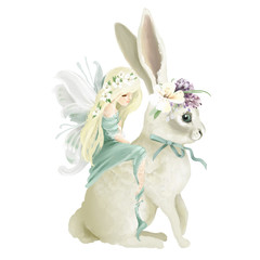 Mooie handgeschilderde oliefee die het betoverde konijntje berijdt met bloemenboeket, bloemenkrans geïsoleerd op wit