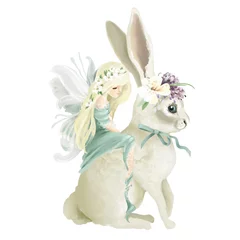 Glasschilderij Schattige konijntjes Mooie handgeschilderde oliefee die het betoverde konijntje berijdt met bloemenboeket, bloemenkrans geïsoleerd op wit