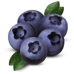 Handful of five ripe blueberry one cut in half with leaf