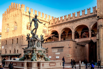 Neptune fountain in the Piazza Maggiore in Bologna, Italy - obrazy, fototapety, plakaty