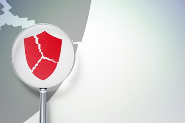 Protection concept: magnifying optical glass with Broken Shield icon on digital background, empty copyspace for card, text, advertising, 3D rendering