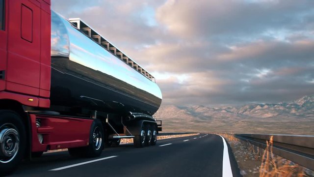 A tank truck passes the camera driving on a highway into the sunset, low angle front-view camera. Realistic high quality 3d animation.
