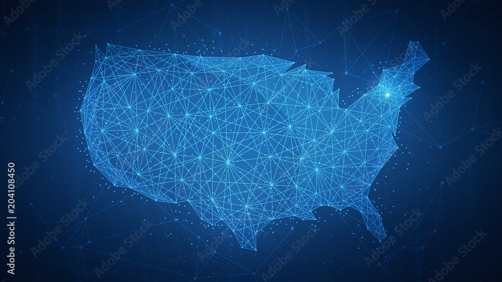 Poster polygon usa map with blockchain technology peer to peer network on futuristic hud background. networ