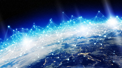 Connections system and datas exchanges on planet Earth 3D rendering