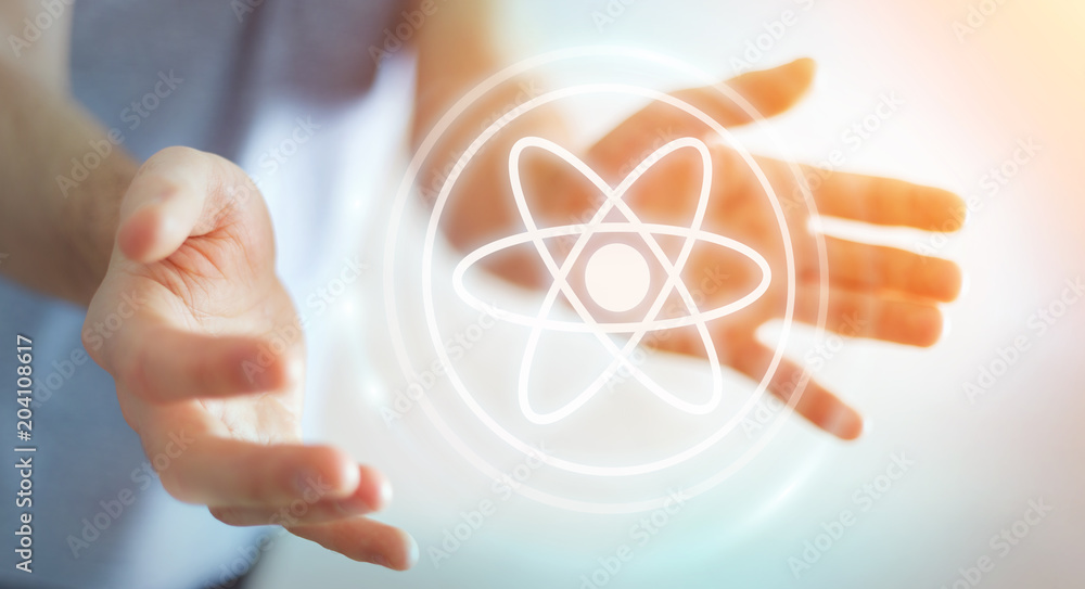 Aufkleber businessman using modern molecule structure 3d rendering