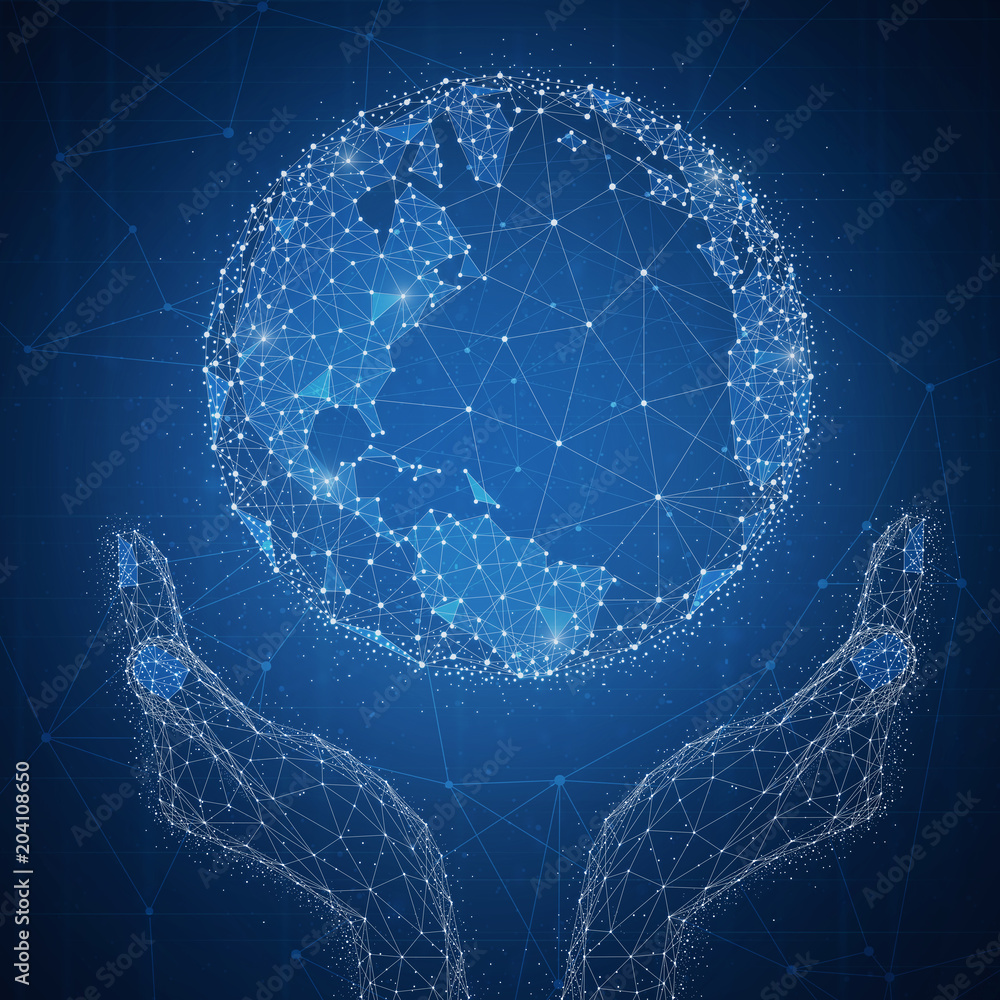 Aufkleber blockchain technology futuristic hud background with glowing world globe, hands and blockchain peer 