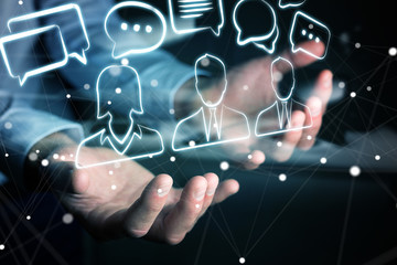 Businessman holding discussion icons sketch