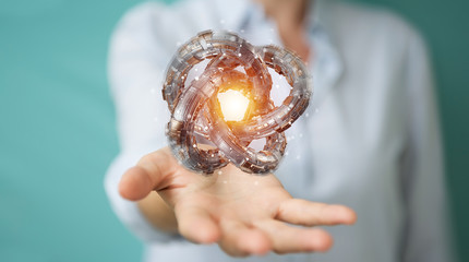 Businesswoman using futuristic torus textured object 3D rendering