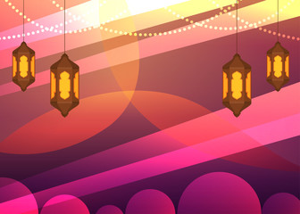 Colorful lights banner with hanging lanterns
