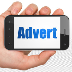 Advertising concept: Hand Holding Smartphone with blue text Advert on display, 3D rendering