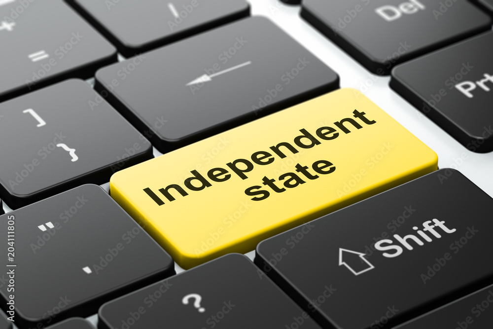 Aufkleber political concept: computer keyboard with word independent state, selected focus on enter button bac