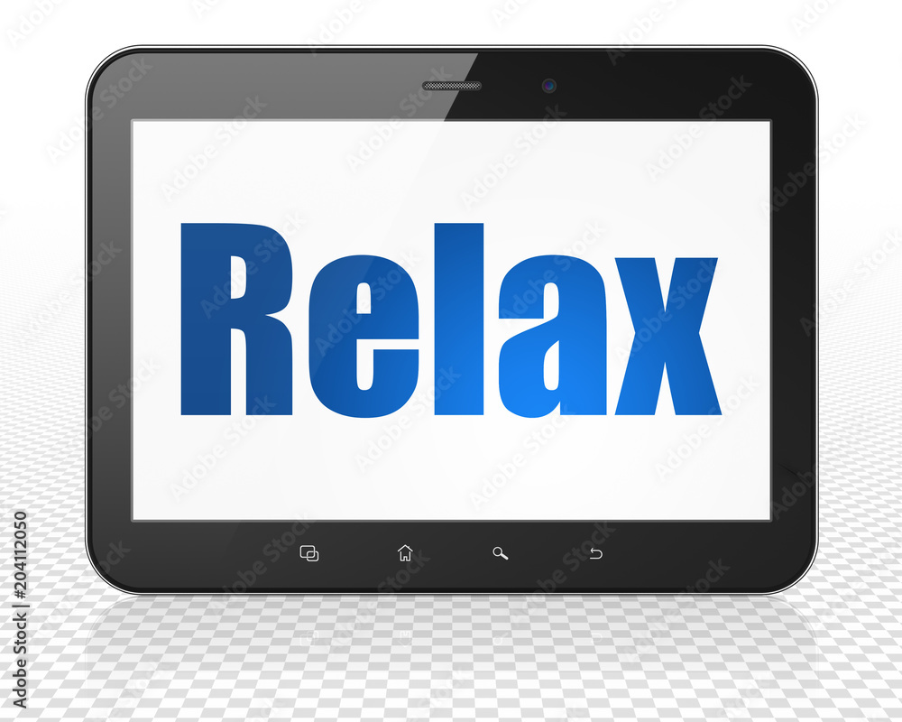 Poster entertainment, concept: tablet pc computer with blue text relax on display, 3d rendering
