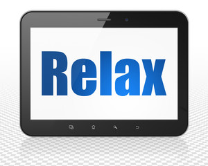 Entertainment, concept: Tablet Pc Computer with blue text Relax on display, 3D rendering