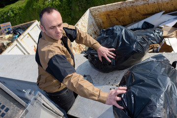 garbage truck worker man collecting plastic industrial vehicle