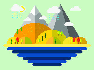 Autumn vector illustration for web design, mobile design, banner, flyer or postcard, modern flat design conceptual landscapes with sea, beach, hills and mountains. - 204113050