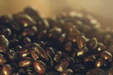 Close-up of Roast coffee beans, Raw ingredent for aroma coffee backgrounds.
