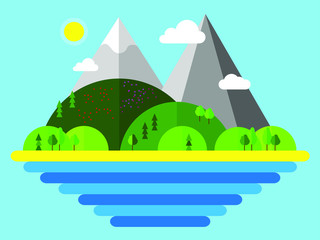 Summer vector illustration for web design, mobile design, banner, flyer or postcard, modern flat design conceptual landscapes with sea, beach, hills and mountains. - 204113655
