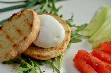 Poached egg on toast on white bacground