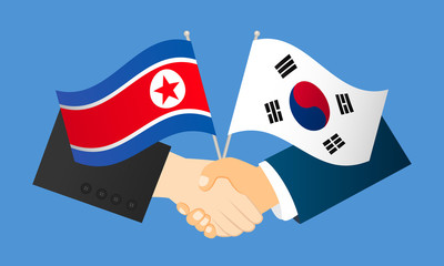 Cooperation between North Korea and South Korea vector illustration. Handshake with flags.