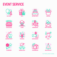 Event services thin line icons set: kids party, gifts, birthday, magician, clown, videographer, party invitation, corporate, fireworks, music, celebration, romatic date. Modern vector illustration.