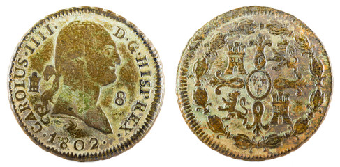 Ancient Spanish copper coin of the King Carlos IV. 1802. Coined in Segovia. 8 Maravedis.