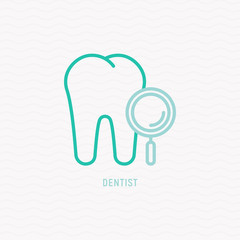Tooth with magnifier thin line icon. Modern vector illustration for dentist.