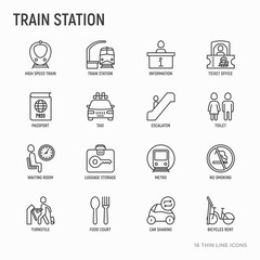 Train station thin line icons set: information, ticket office, toilet, taxi, metro, waiting room, luggage storage, turnstile, food court, no smoking, bicycles rent. Modern vector illustration.