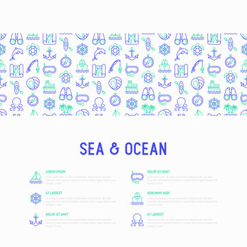 Sea and ocean journey concept with thin line icons: sailboat, fishing, ship, oysters, anchor, octopus, compass, steering wheel, snorkel, dolphin, sea turtle. Vector illustration, print media template.