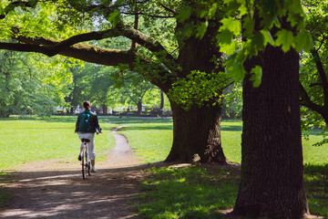 Fototapeta premium Woman riding on bike in the park