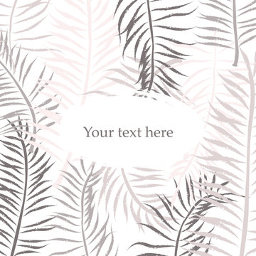 Greeting card design on palm leaves background. Floral background