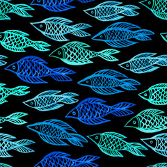 Decorative watercolor seamless background with blue and green fishes.