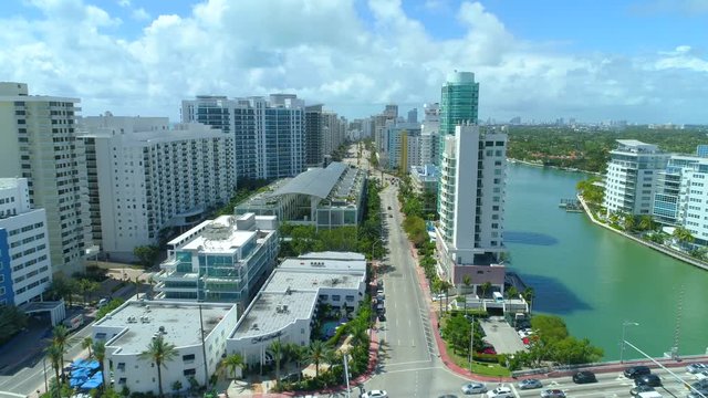 Aerial video Collins Avenue Miami Beach 63rd Street southbound