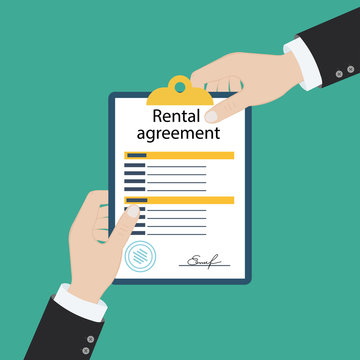 Rental agreement form contract. Signing document. Vector illustration flat design. Isolated on background.