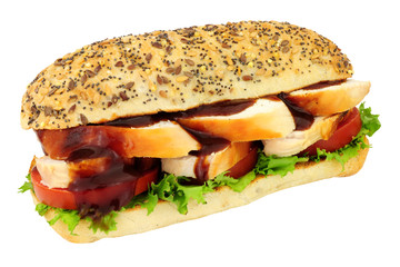 Chunky chicken and salad sandwich isolated on a white background