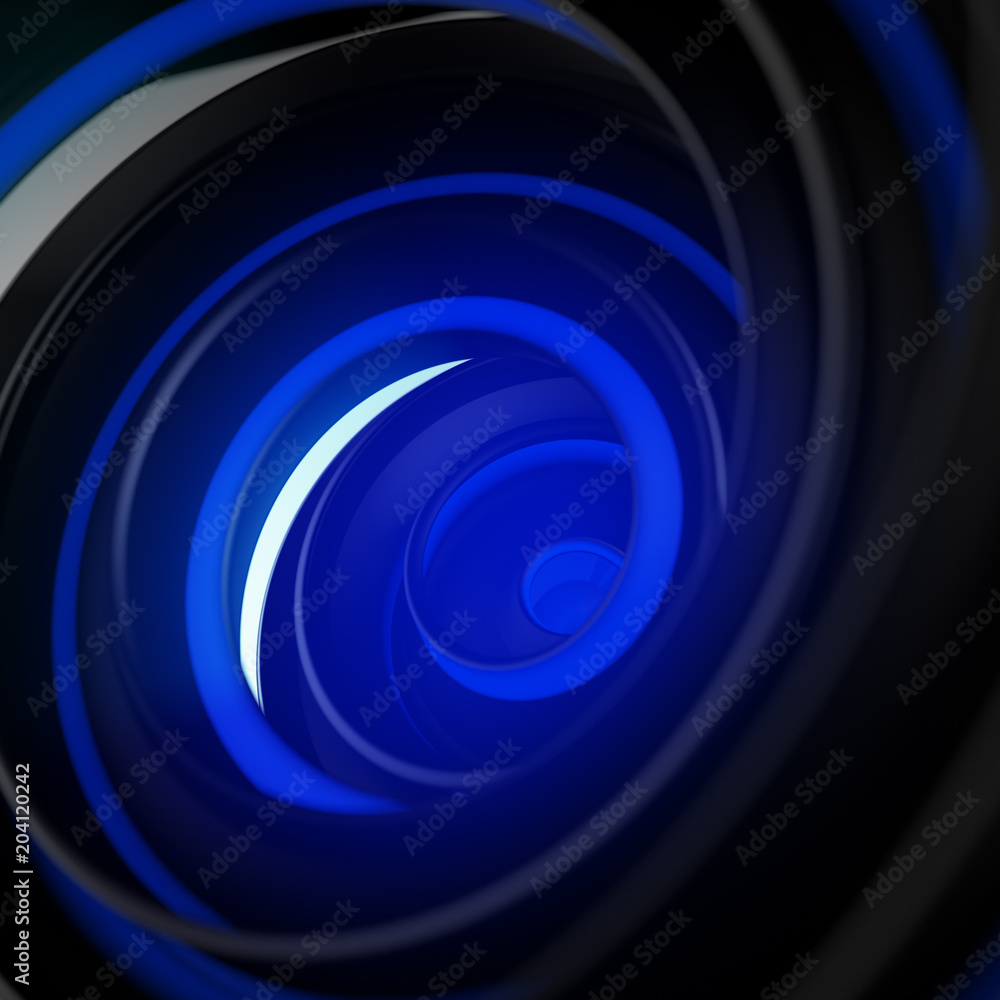 Poster black and blue twisted spiral shape abstract 3d render with dof