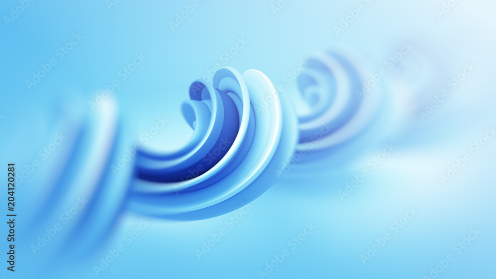 Poster blue twisted spiral shape 3d render with dof