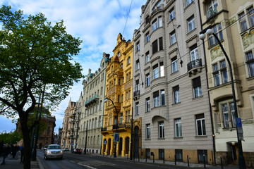 Old architecture, facades. Street. Prague, Czech.