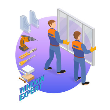 Isometric interior repairs concept. The workers install window.