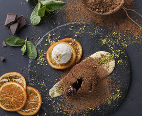 Mouth watering delicious chocolate fondant cake, restaurant serving