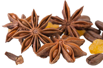 Anise star with cloves, raisins and coffee beans on white background