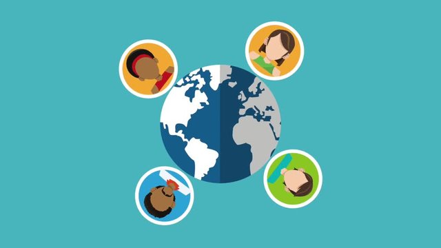 People faces over world map concept High Definition animation colorful scenes