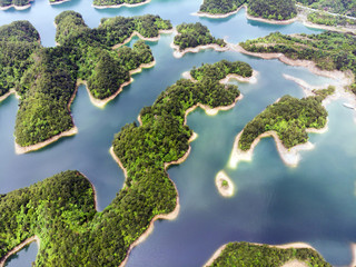 Aerial View of Thousand Island Lake. Bird View of Freshwater Qiandao Hu. Sunken Valley in Chun’an Country, Hangzhou, Zhejiang Province, China.