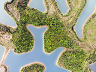 Aerial View of Thousand Island Lake. Top View of Freshwater Qiandaohu. Sunken Valley in Chun&rsquo;an Country, Hangzhou, Zhejiang Province, China.