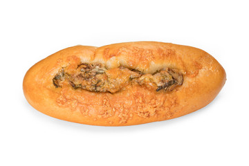 Baguette with cheese and herbs top view isolated with clipping path