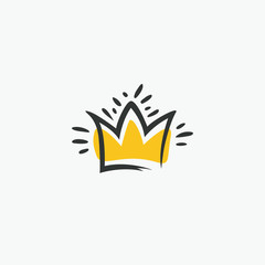 Graphic modernist element drawn by hand. royal crown of gold. Isolated on white background. Vector illustration. Logotype, logo