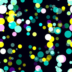 Photo bokeh effect. Seamless pattern. The background is blurry light. Lantern lights. Blue, pink, white, yellow, green colors.