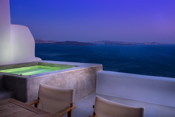  Terrace view in Oia village on Santorini island, Greece