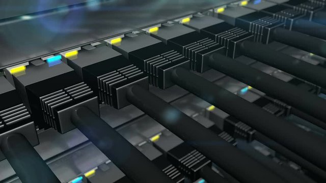 3D animation, Array with network switches in server racks of data center with black RJ45 connectors plugged in to network socket. Camera moves above patchcords, seamless loop extreme close-up, 4K UHD