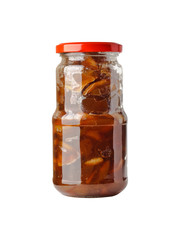 jar with Apple jam on white background