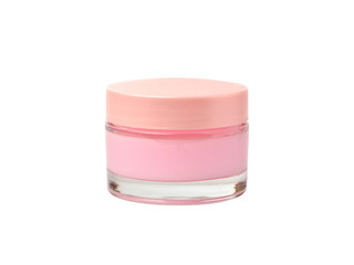 glass jar with cream and pink cap on white background